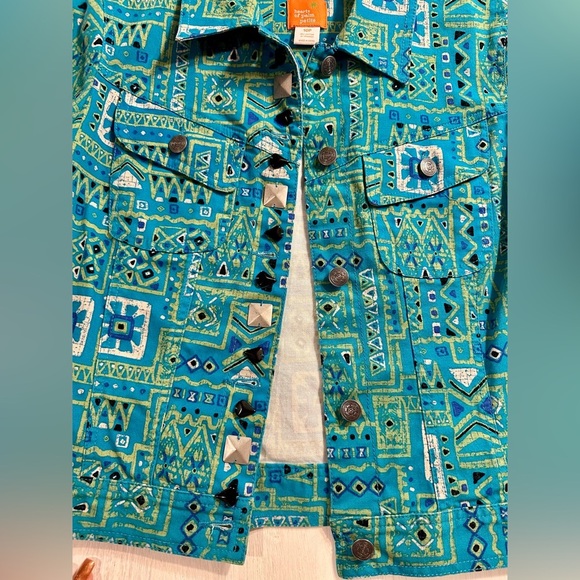 Hearts of Palm Petite 10P Turquoise Aztec Print Studded Cotton Stretch Jacket - Picture 7 of 9
